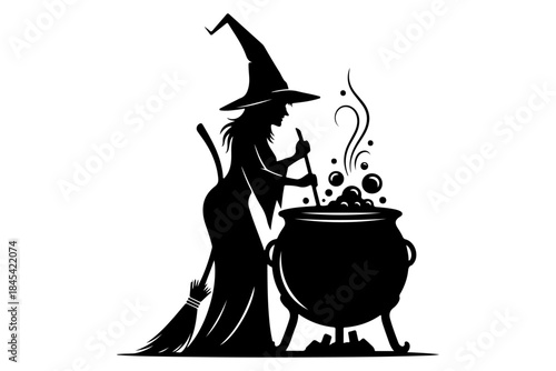 Silhouette of a witch stirring a bubbling cauldron with a broom by her side, ready for a Halloween potion