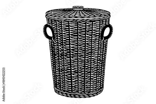 Stylized monochrome illustration of a classic woven refuse container, featuring intricate wicker patterns and practical handles, perfect for home waste management or decorative storage solutions