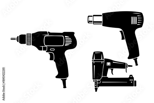 Collection of Black Silhouette Power Tools, Including a Drill, Staple Gun, and Heat Gun, on a White Background