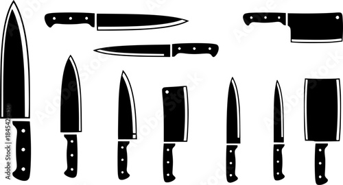 Knife silhouette, Meat cutting knives set, Kitchen knife silhouettes, Knife vector