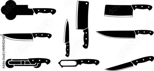 Knife silhouette, Meat cutting knives set, Kitchen knife silhouettes, Knife vector