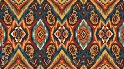 Intricate Ikat Pattern with Paisley Motifs and Geometric Designs.