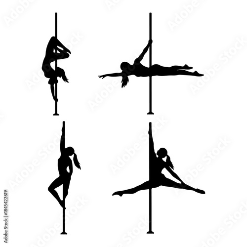 Silhouette of a woman performing a dynamic pose on a vertical pole in a fitness or dance context, showcasing strength and flexibility in a graphic art style