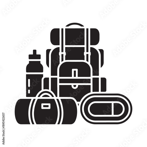 A black glyph illustration of hiking gear including a backpack and water bottle