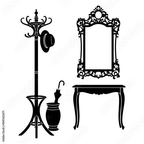 Black Silhouette of a Vintage Hallway Set Featuring a Coat Rack with a Hat, Umbrella Stand with an Umbrella, and an Ornate Mirror Above a Console Table