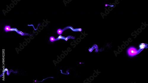 Wavy glowing purple particles in abstract motion trail effect on black background
