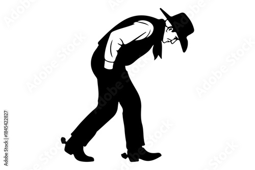 Silhouette of a cowboy in a hat and boots with spurs, leaning forward and looking down, capturing a sense of action or contemplation in a western theme