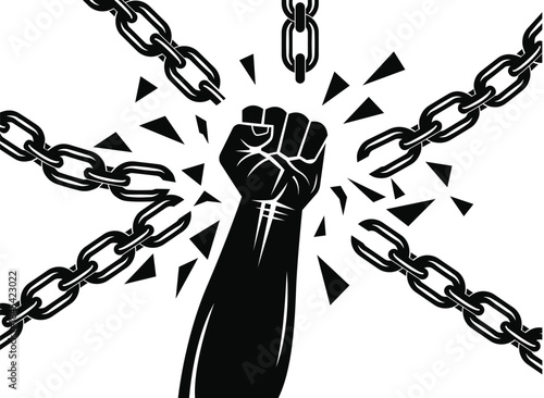 Vector Illustration of Raised Fist Breaking Chains – Black and White Symbol of Freedom, Resistance, Empowerment, and Social Justice in Bold Graphic Style
