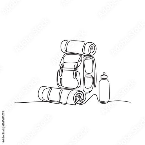 A minimalistic line drawing of a backpack sleeping bag and water bottle