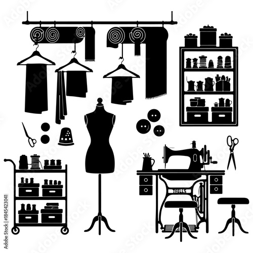 Collection of sewing tools and equipment for tailoring, fashion design, and garment creation including mannequin, sewing machine, scissors, and fabric rolls