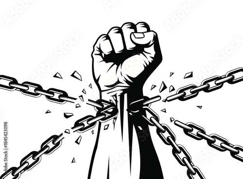 Vector Illustration of Raised Fist Breaking Chains – Black and White Symbol of Freedom, Resistance, Empowerment, and Social Justice in Bold Graphic Style

