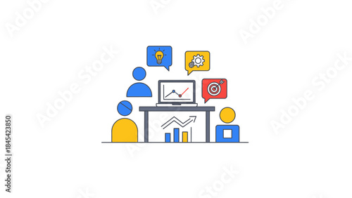 Business meeting with data analysis and teamwork illustration.