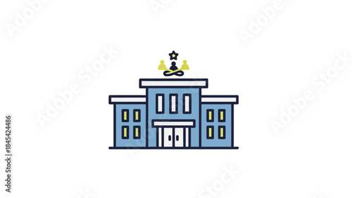 Modern Building with Meditating Figure on Top.