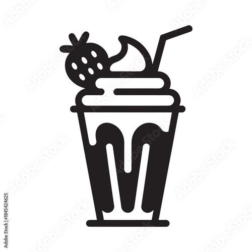 A simple black and white illustration of a milkshake with strawberry garnish