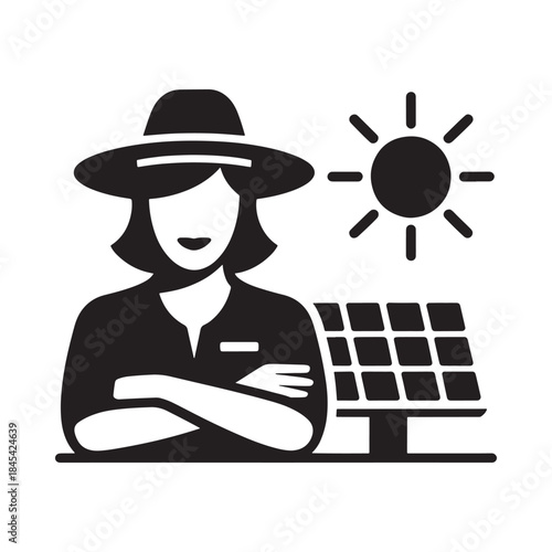 Farmer with solar panels and sun sustainable agriculture and renewable energy