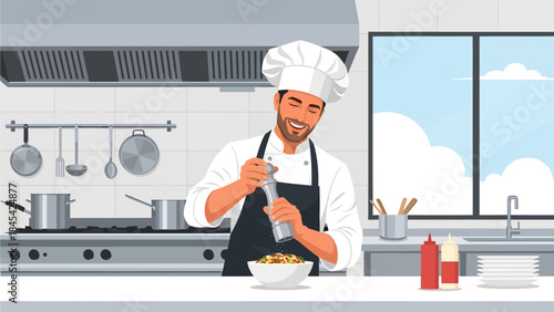 A cheerful bearded chef in a pristine white toque stands in a modern stainless steel kitchen, happily grinding fresh pepper from a tall silver mill to finish a colorful dish with a touch of flair
