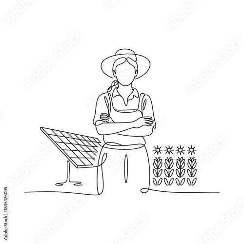 Line art illustration of a gardener with plants and a solar panel