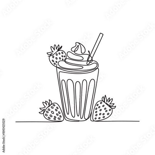 A single line drawing of a strawberry smoothie in a tall glass