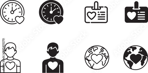 Black and white line art and solid icons depicting love care time global human connection and health related concepts