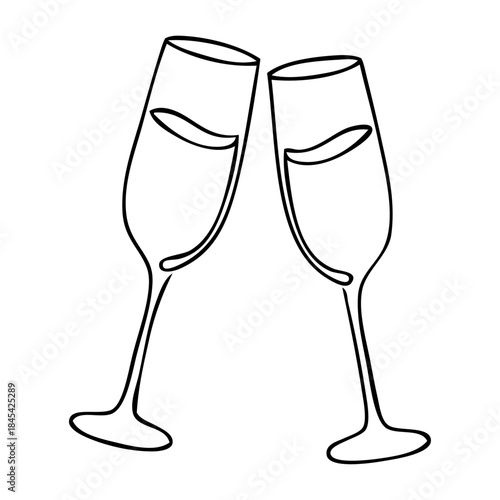 Dibujo de línea única de 2 copas de champán haciendo un brindis 