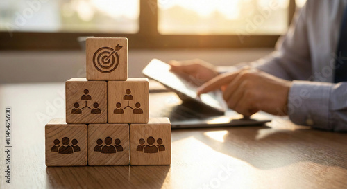 Wooden blocks pyramid with target and team icons on office desk. Businessman with tablet in background. Concept of teamwork, goal achievement, and strategic management