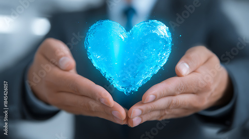 Man holding glowing blue heart symbol hands protecting