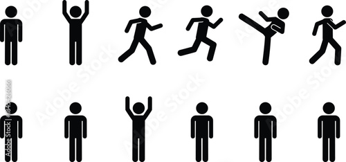 Human activity pictogram set showing standing running jumping kicking walking poses minimalist black silhouettes for sport fitness interface signage design