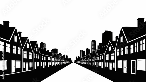 Row of houses and city skyline silhouette.