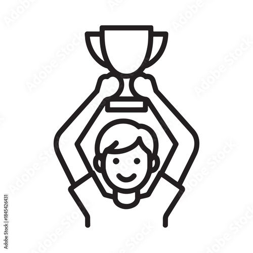 A simple line drawing of a person holding up a trophy overhead