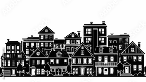 Row of diverse residential houses and apartment buildings in a neighborhood.