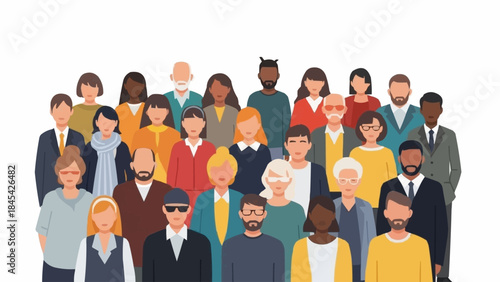 Diverse group of people standing together in a crowd.