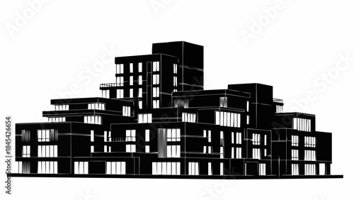 Modern Architectural Building Design with Geometric Shapes and Glass Facades.