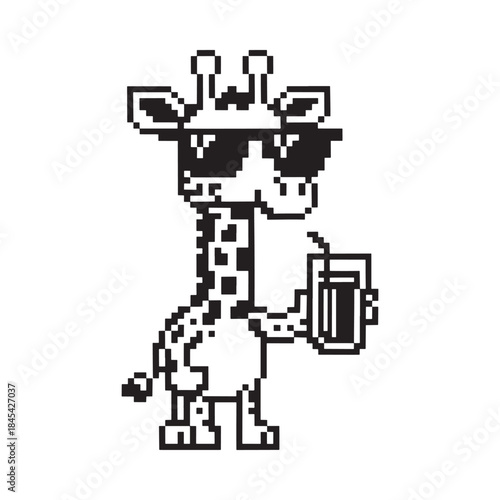 Cool giraffe with sunglasses enjoying a refreshing drink in pixel art style