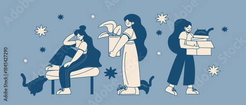 Pet and girl, cat, friend, set of elements