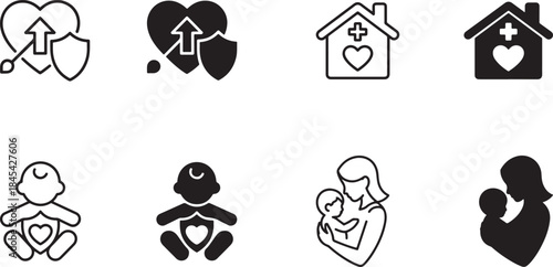 Comprehensive health and family care protection icons providing essential medical and maternal wellbeing symbols for various design needs