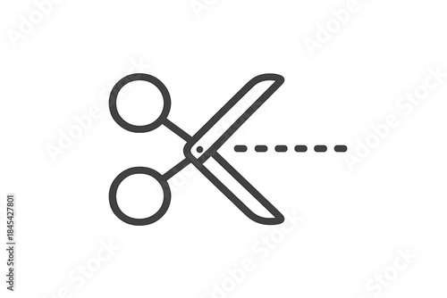 Minimalist outline symbol of open scissors above a dashed line for cutting instructions