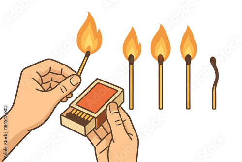 Hands holding a matchbox and lighting a wooden matchstick showing the flame sequence