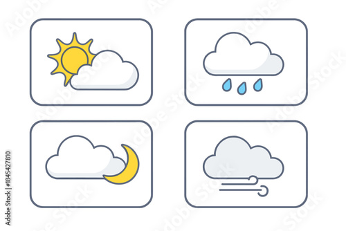 Four essential weather condition icons: sun, rain, moon, and wind symbols for forecast applications