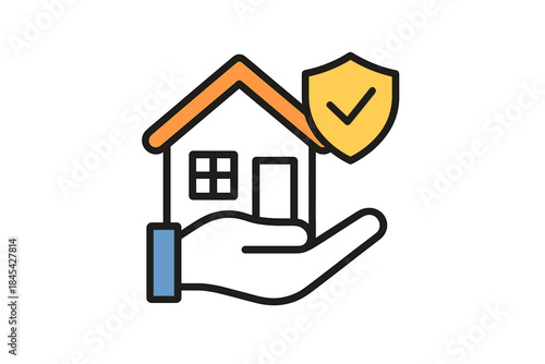 Protective shield icon next to a house held by a hand symbolizing real estate safety and property insurance