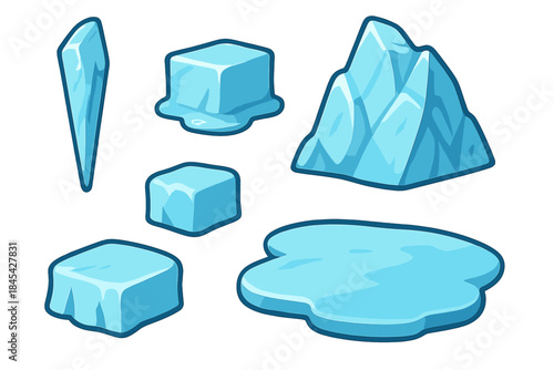 Various frozen elements including ice cubes, sharp icicle, small iceberg, and melting puddle shapes