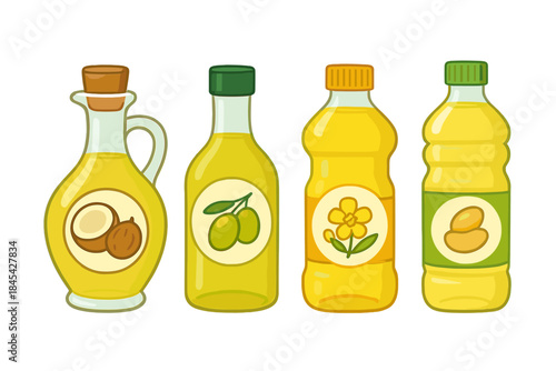 Set of various cooking oils in bottles including coconut, olive, canola, and peanut oil
