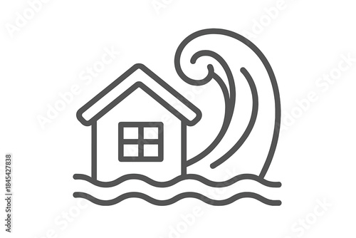 Residential house submerged by massive tsunami wave symbolizing natural disaster risk