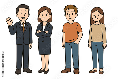 Diverse group of four adults standing together, including business and casual people