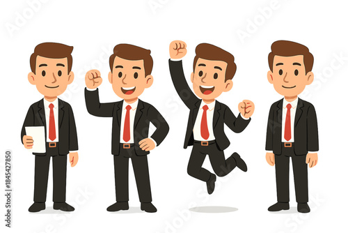 Set of cheerful businessman characters celebrating success and achievement with positive emotions