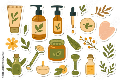 Natural skincare routine with essential oils, lotion, serum, and facial massage tools
