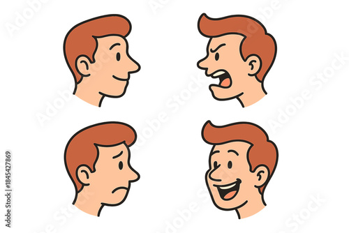 Four cartoon male profile faces depicting strong emotions: joy, anger, sadness, and excitement