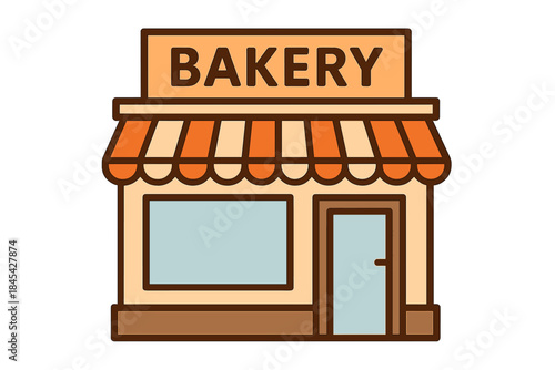 Small business bakery facade with striped awning and large display window