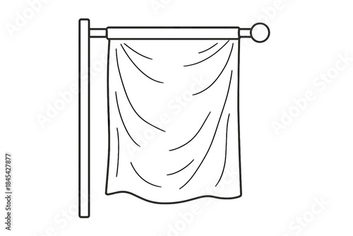 Monochrome outline of a blank rectangular flag banner template hanging vertically from a fixed pole