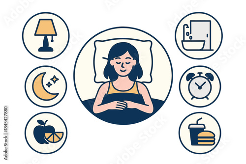 Woman sleeping peacefully in bed surrounded by icons representing sleep hygiene and daily routine factors