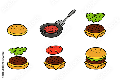 Step-by-step preparation of a double cheeseburger showing all ingredients
